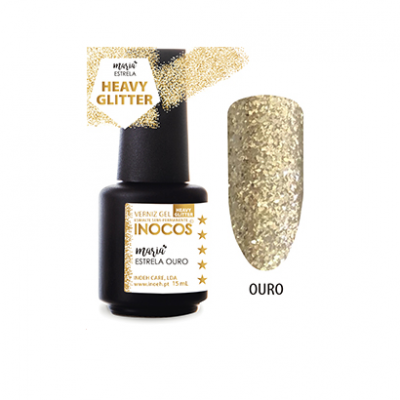 Esmalte gel INOCOS cor ouro heavy glitter em embalagem preta com rótulo branco e dourado