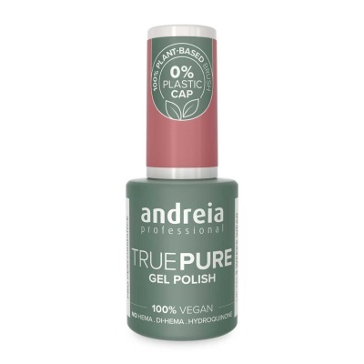 Frasco de verniz gel verde escuro Andreia True Pure com tampa rosa e texto branco