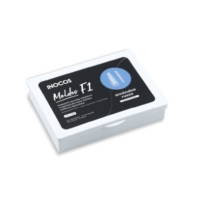 Caixa branca de plástico INOCOS Moldes F1 com etiqueta preta e azul