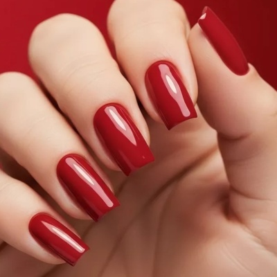 Unha com verniz vermelho brilhante e acabamento lustroso