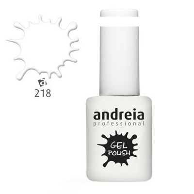 Frasco branco de verniz gel Andreia Professional com amostra e número 218