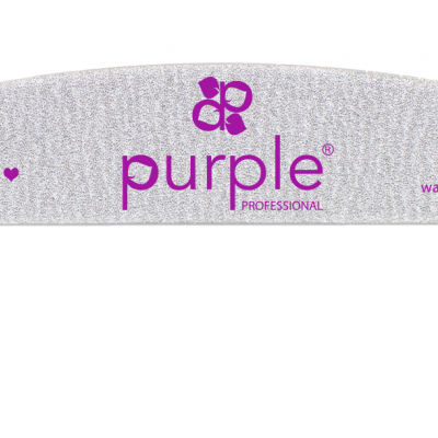 Lima para unhas cinzenta com texto roxo e formato meia-lua.