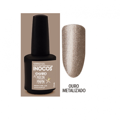 Verniz gel Inocos ouro metalizado com amostra da cor em unha artificial