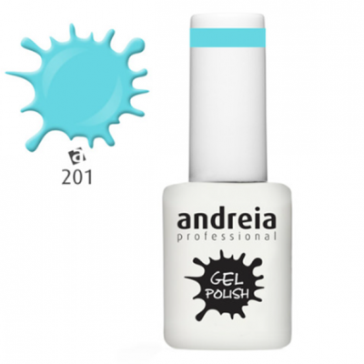 Verniz gel Andreia Professional branco com faixa azul e mancha de cor azul clara