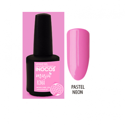 Verniz gel Inocos Maria Romã rosa pastel neon com frasco preto e etiqueta rosa