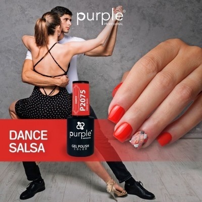 Verniz gel vermelho Purple Professional Dance Salsa com unha decorada e casal a dançar salsa em fundo cinzento