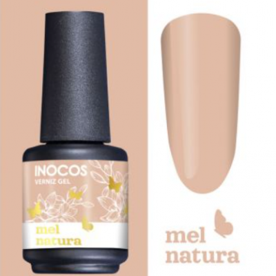 Frasco de verniz gel INOCOS mel natura com amostra da cor e texto
