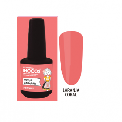 Frasco de verniz gel Inocos laranja coral com rótulo e amostra da cor