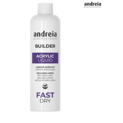 Frasco de líquido acrílico da Andreia Professional com texto em preto e roxo