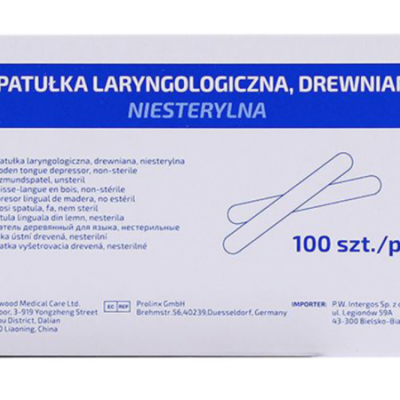 Caixa branca e azul com espátulas de madeira para laringologia, texto em várias línguas.