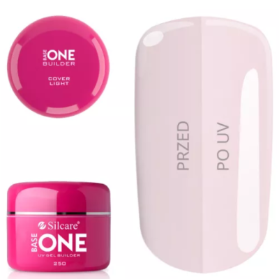 Gel para unhas Silcare BASE ONE em embalagem rosa e amostra de unha com indicação PRZED e PO UV