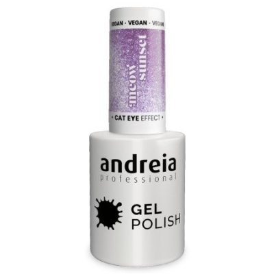 Esmalte gel branco Andreia Professional com tampa roxa brilhante e texto VEGAN, MEOW sunset e CAT EYE EFFECT