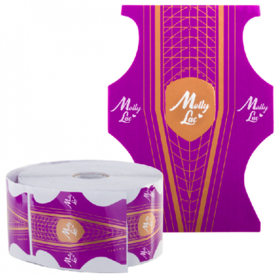 Molde para unhas em fita roxa com texturas douradas e texto 