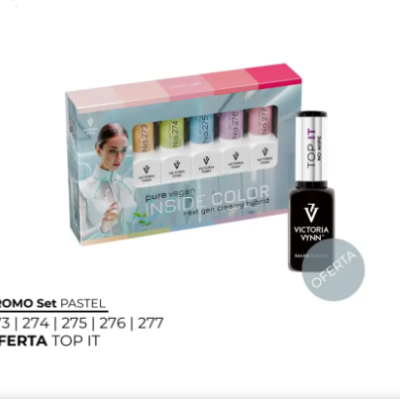 Conjunto PROMO Set PASTEL com cinco vernizes de cor pastel e verniz Top It oferta