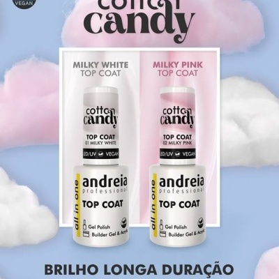 Produto verniz gel Andreia Professional Milky White e Milky Pink sobre fundo azul com nuvens cor-de-rosa e brancas