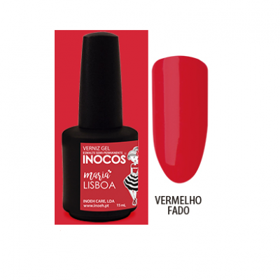 Frasco de verniz gel vermelho Inocos Maria Lisboa e amostra da cor