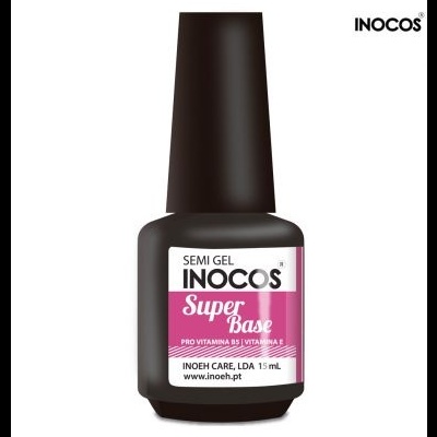 Frasco de verniz em gel INOCOS Super Base com rótulo rosa e branco