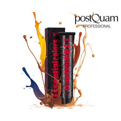 Dois tubos pretos de produtos com texto vermelho e branco e respingos coloridos ao fundo.