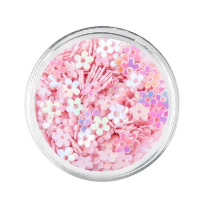 Frasco transparente com pequenas flores decorativas coloridas