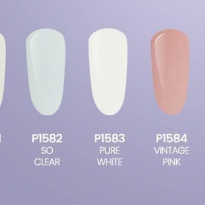 mostruário de cinco cores de verniz para unhas com códigos e nomes