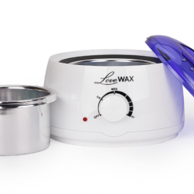 Aquecedor de cera branco Love WAX com tampa roxa e recipiente metálico, controlo de temperatura frontal.