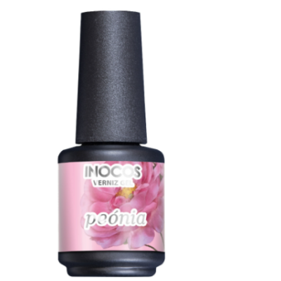 Frasco de verniz gel rosa com tampa preta