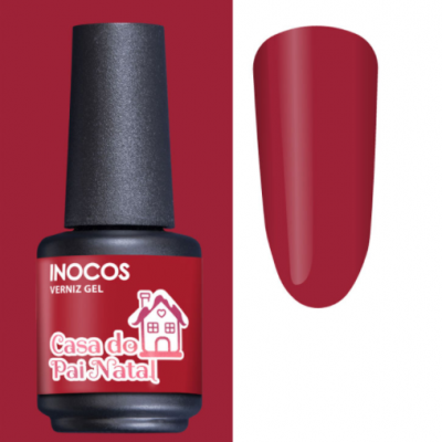 Frasco de verniz gel INOCOS vermelho com etiqueta Casa de Pai Natal e amostra da cor