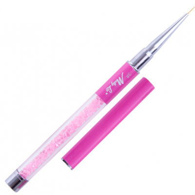 Pincel para unhas rosa com cristais no cabo e tampa rosa