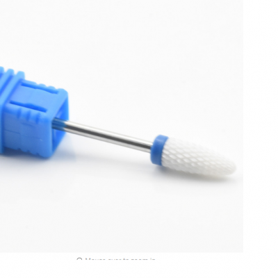 Fresa para unhas de cerâmica branca com cabo metálico e proteção azul