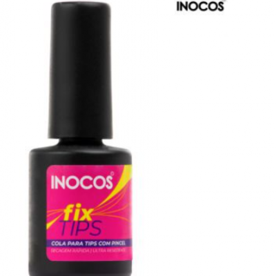Frasco de verniz INOCOS fix TIPS com etiqueta rosa e amarela