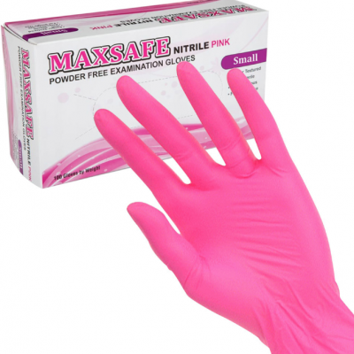 Luvas de nitrilo cor de rosa MAXSAFE em embalagem branca com rosa
