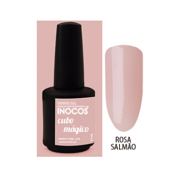 Frasco de verniz gel rosa salmão e amostra da cor