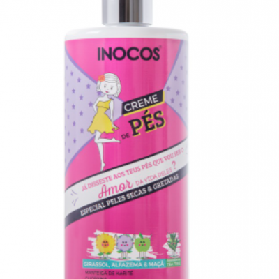 Frasco de creme de pés INOCOS rosa e lilás com doseador branco