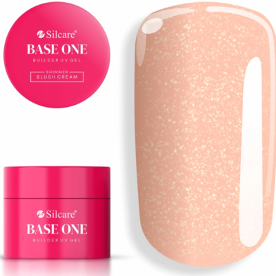 Gel UV construtor Silcare Base One em embalagem rosa e textura blush creme brilhante