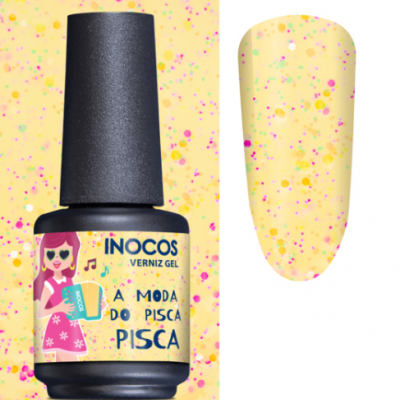Verniz gel amarelo claro com salpicos coloridos INOCOS À MODA DO PISCA PISCA