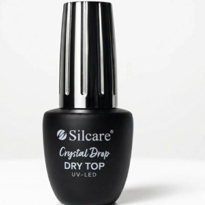 Frasco de verniz preto com texto Silcare Crystal Drop DRY TOP.