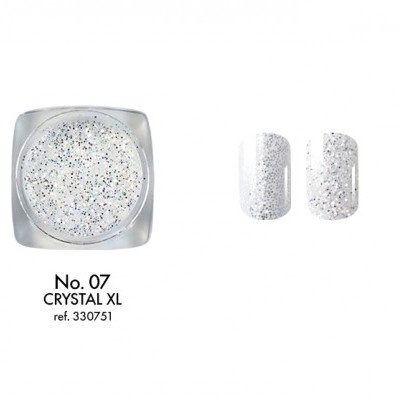 Glitter branco com partículas prateadas em pote quadrado e amostras em unhas artificiais