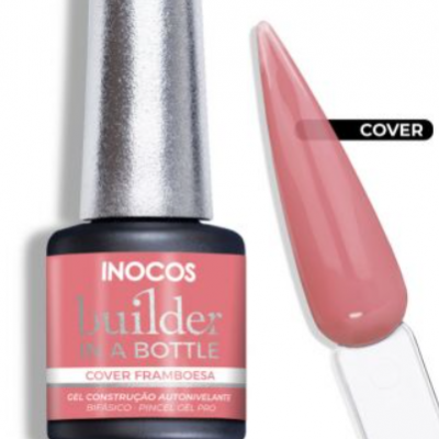 Frasco de verniz rosa INOCOS Builder in a bottle com amostra da cor