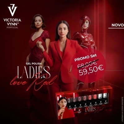 Promoção de verniz gel LADIES love Red VICTORIA VYNN Portugal com três mulheres vestidas de vermelho e embalagem do produto