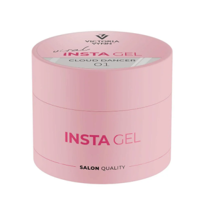 Frasco rosa de gel para unhas Victoria Vynn com texto INSTAGEL, CLOUD DANCER 01 e SALON QUALITY
