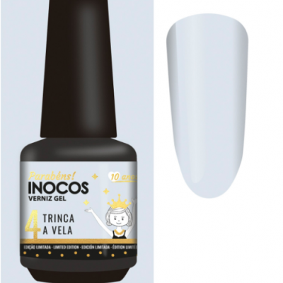 Frasco de verniz gel preto com rótulo branco e amostra branca