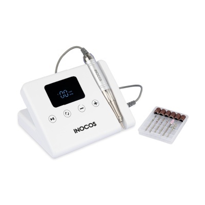 Máquina elétrica Inocos branca com ecrã digital e brocas para unhas