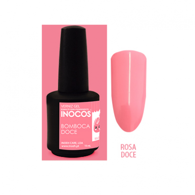 Frasco preto de verniz gel INOCOS cor rosa Bomboça Doce com amostra da cor