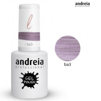 Frasco branco de gel polish lilás Andreia Professional ba3 com círculo da cor do verniz ao lado