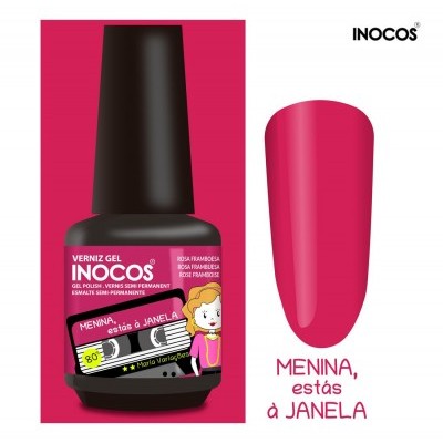 Frasco de verniz gel INOCOS rosa framboesa com rótulo colorido e amostra da cor do verniz