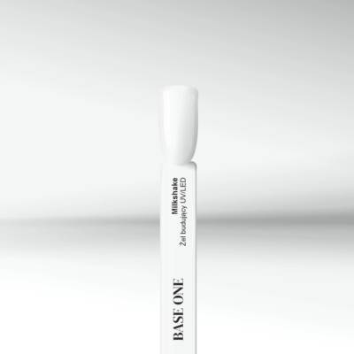 Frasco branco com texto BASE ONE e MilkShake Zél boulajay UVLED