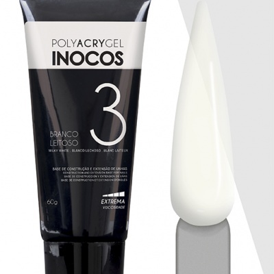 Tubo preto e branco de POLYACRYGEL INOCOS 3 branco leitoso com aplicador branco