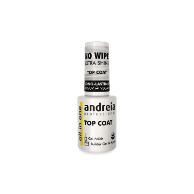 Frasco branco de verniz gel Andreia Professional Top Coat com textos em preto e amarelo.