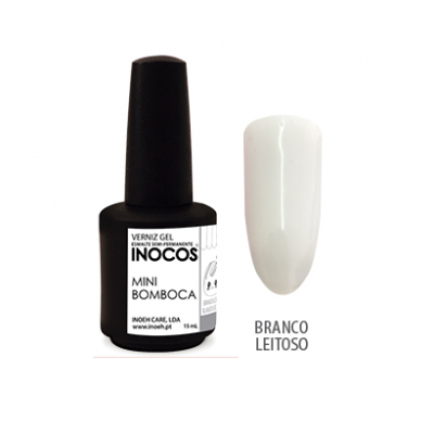 Frasco de verniz gel INOCOS Mini Bomboca e amostra de cor branco leitoso
