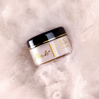 Frasco pequeno de pó acrílico Molly Lac com tampa preta e rótulo dourado